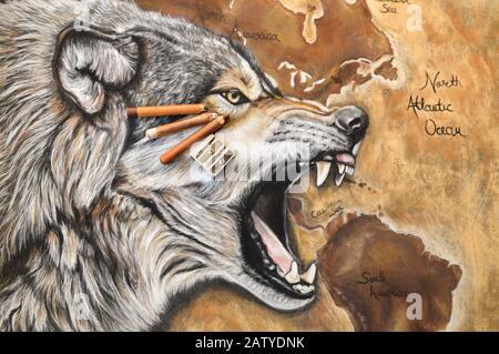 Magnifique peinture d'art animal avec un loup agressif Banque D'Images