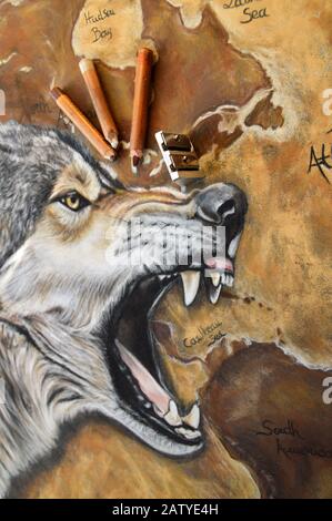 Magnifique peinture d'art animal avec un loup agressif Banque D'Images