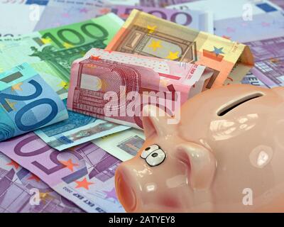 Banque de piggy et beaucoup de billets en euros Banque D'Images