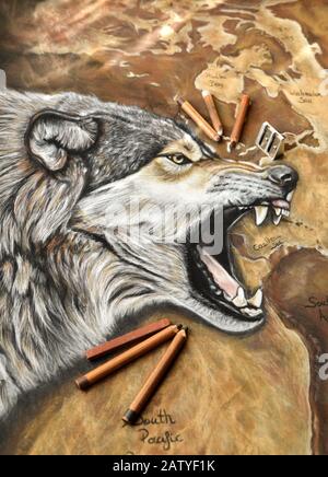 Magnifique peinture d'art animal avec un loup agressif Banque D'Images