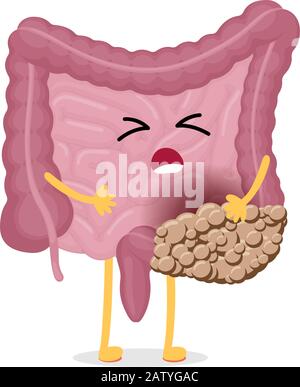 Triste souffrance maladie intestin cancer du côlon douleur personnage de dessin animé. Cavité abdominale digestive et excrétion humain interne malsain carcinome de l'intestin organe. Illustration isolée d'une tumeur d'organe vecteur Illustration de Vecteur