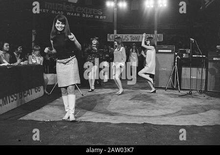 1966 Mlle Beat élue résidence de cirque Toni Boltini. Gagnante des danses Michele Sehiro Wassenaar, 16 ans, dans l'anneau. Derrière elle les autres participants, y compris la troisième gagnante du prix Paula de Boer. A quitté le jury, y compris Rob de Nijs, Mary Quant et Sophie van Kleef Date : 17 décembre 1966 mots clés : Miss, lauréats Nom De La Personne : Boltini, Toni Banque D'Images