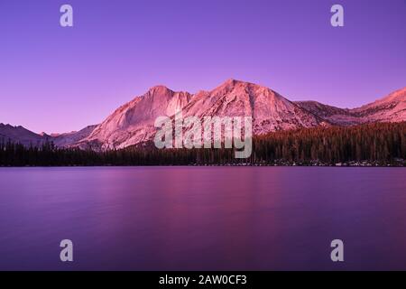 Mount Conness et Young Lake dans le parc national de Yosemite au crépuscule après le coucher du soleil avec une lueur violette