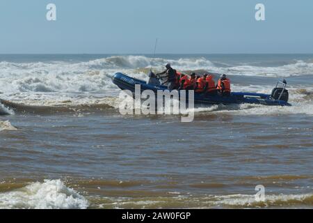 KwaZulu-Natal, Afrique du Sud, bateau, personnes, skipper aux commandes de BATEAU à moteur CÔTELÉ, plongée sous-marine à Aliwal Shoal, groupe de plongeurs, aventure d'action Banque D'Images