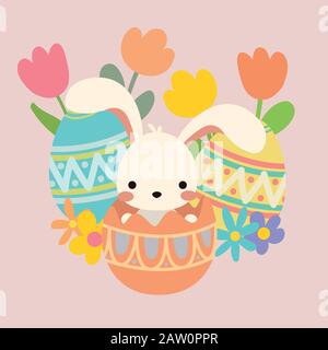 Mignon petit lapin de pâques vectoriel s'asseoir dans l'oeuf avec des fleurs Illustration de Vecteur
