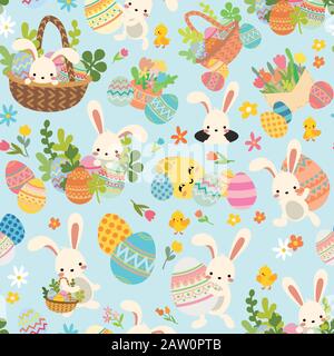 Motif pâques sans couture avec lapin, œufs, fleurs Illustration de Vecteur