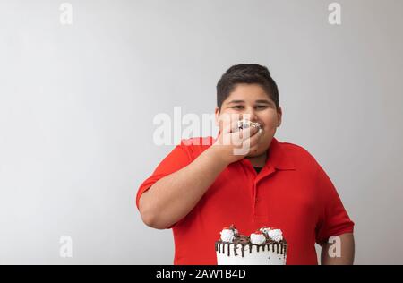 Jeune garçon dévorant le gâteau avec ses mains. (Obésité) Banque D'Images