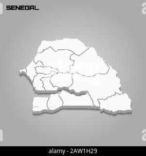 Sénégal carte tridimensionnelle avec frontières de régions. Illustration vectorielle Illustration de Vecteur