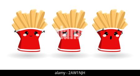 Dessin animé frites drôles. Jeu d'émoticônes dessiné à la main. Émoticone vectoriel illustration alimentaire Illustration de Vecteur