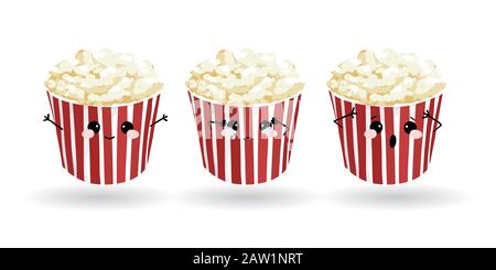 Dessin animé pop-corn drôle. Jeu d'émoticônes dessiné à la main. Émoticone vectoriel illustration alimentaire Illustration de Vecteur