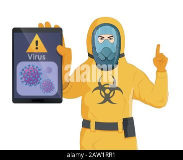 Un homme en costume jaune de radioprotection montre un comprimé avec une image sur l'écran Attention virus Illustration de Vecteur