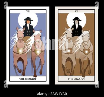Cartes Tarot Major Arcana. Le Chariot. Sun Chariot tiré par deux chevaux et conduit par un élégant coachman en livery et chapeau Illustration de Vecteur
