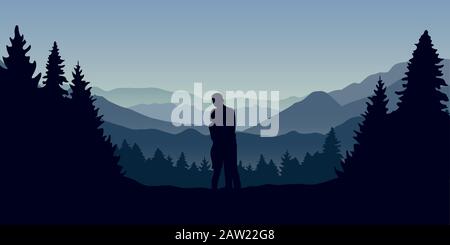 Jeune couple dans la forêt sont à la recherche dans la distance sur un paysage de montagne vector illustration EPS10 Illustration de Vecteur