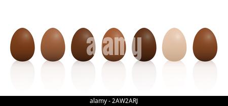Œufs de Pâques au goût de chocolat différent. Chocolat noir, léger et au lait - illustration tridimensionnelle sur fond blanc. Banque D'Images