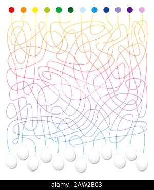 Labyrinthe d'œufs de Pâques - connecter les points de couleur avec les œufs et les colorer. Drôle de jeu de labyrinthe pour les enfants - illustration sur fond blanc. Banque D'Images