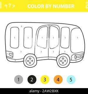 Bus dans le style de dessin animé, couleur par nombre, jeu de papier d'éducation pour le développement des enfants, page de coloriage, activité préscolaire des enfants, feuille de travail Illustration de Vecteur