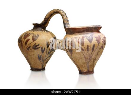 Minoan décoré d'une double brochette avec motif fleuri crocus, Poros Héraklion 1800-1650 av. J.-C.; Musée archéologique d'Héraklion, fond blanc Banque D'Images