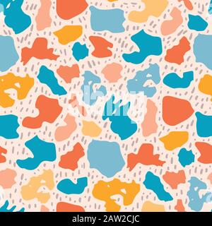 Motif Memphis orange, jaune et bleu vectoriel avec une touche moderne de terrazzo. Motif abstrait et repassage sans coutures avec crayon beige dessiné à la main Illustration de Vecteur