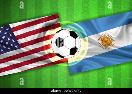 Terrain de football vert / Football avec rayures et drapeaux des etats-unis / amérique - argentine, et ballon. Banque D'Images