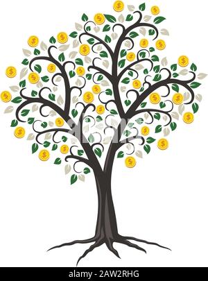 arbre de monnaie vectoriel avec des pièces d'or comme fruits. illustration du financement de la croissance des entreprises. symboles d'investissement isolés sur fond blanc. feuilles de couleur Illustration de Vecteur