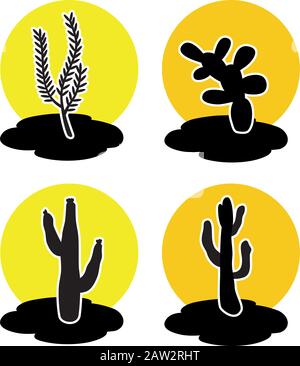 icônes vectorielles du cactus dans le désert au lever du soleil ou au coucher du soleil. caricature du cactus isolée sur fond blanc. Illustration de Vecteur