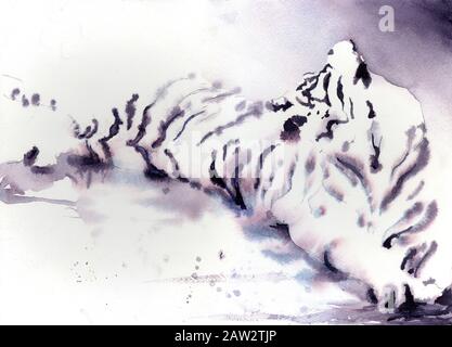 Peinture à l'aquarelle du tigre couché sur le sol. Art du tigre peinture aquarelle monochromatique de chat africain le décor d'art du tigre Banque D'Images