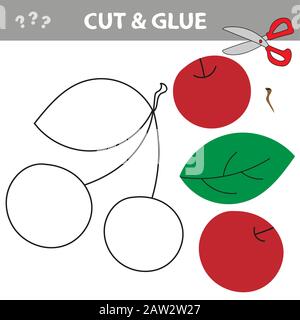 Utilisez des ciseaux et de la colle et restaurez l'image à l'intérieur du contour. Jeu de papier éducatif facile pour les enfants. Application enfant simple avec Cherries rouges Illustration de Vecteur