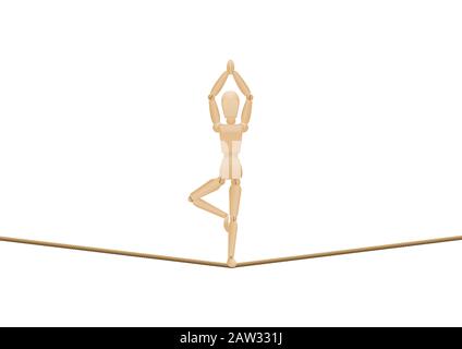 Balourd des secoueurs les plus serrés dans la posture du yoga. Méditant mannequin en bois, poser la figure, se détendre sur une corde longue - illustration sur fond blanc. Banque D'Images