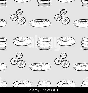 Schéma sans couture en niveaux de gris bagel. Utilisable pour le papier peint ou la décoration de toute taille. Illustration Vectorielle Dessinée À La Main Illustration de Vecteur