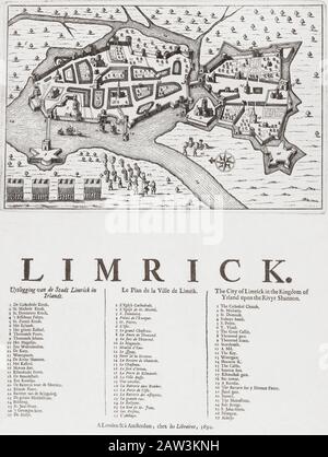 Carte de Limerick, Irlande, datant de 1690 et montrant les forces de William III assiégant la ville pendant la guerre de Williamite de 1689 - 1691. Banque D'Images