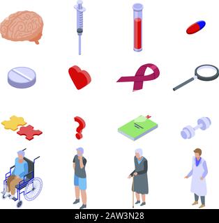 Configuration des icônes de maladie d'Alzheimer, style isométrique Illustration de Vecteur