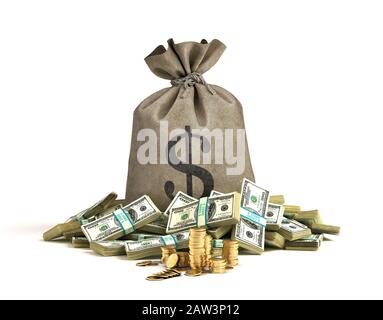 Sac d'argent avec beaucoup de wads de billets et de pièces d'or piles devant lui. Illustration tridimensionnelle sur fond blanc. Banque D'Images