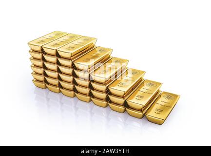 Lingots de barres d'or empilés comme escaliers. Illustration tridimensionnelle sur fond blanc. Banque D'Images