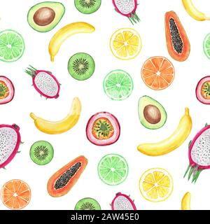 Modèle sans couture avec bananes jaunes, fruits de la passion, papaye, citron, kiwi, pitahaya et chaux. Mignons fruits aquarelle. Illustration claire de la fru estivale Banque D'Images