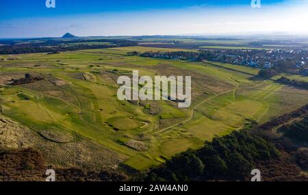 Vue aérienne du parcours de golf de Muirfield à Gullane , East Lothian, Ecosse, Royaume-Uni Banque D'Images