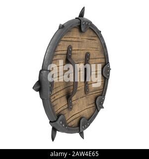 Fantastique rond viking bouclier en bois sur un fond blanc isolé. illustration 3d Banque D'Images