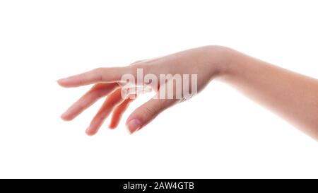 La main de femme à un doigt points quelque chose d'isolé sur fond blanc. Banque D'Images