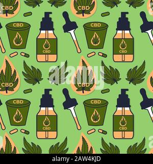 Huile de chanvre CBD modèle sans soudure. Flacon d'illustration avec pipette et signes de chute. Conception de surface de conception vectorielle de stock Illustration de Vecteur