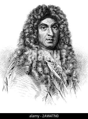 1670 CA, FRANCE : le compositeur de musique baroque italien-français Jean Baptiste LULLY ( Giovanni Battista LULLI , 1633 - 1687 ) à la cour du roi LOUIS XIV . Banque D'Images