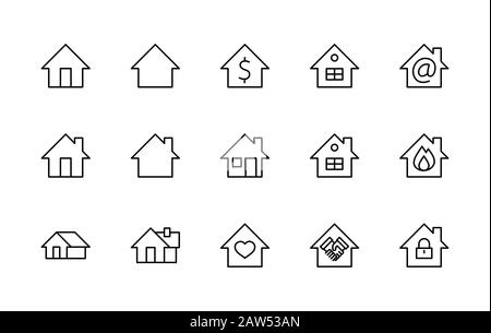 Ensemble D'Icônes De Ligne D'Accueil Vecteur De Maison. Contient des symboles de Conclusion de contrat, coeur, goutte d'eau, feu, argent et plus encore. Contour Modifiable. 32 x 32 Illustration de Vecteur