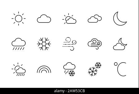 Ensemble d'icônes de ligne vectorielles météo. Contient des symboles du soleil, des nuages, des flocons de neige, du vent, de l'arc-en-ciel, de la lune et bien plus encore. Contour Modifiable. 32 x 32 pixels. Illustration de Vecteur