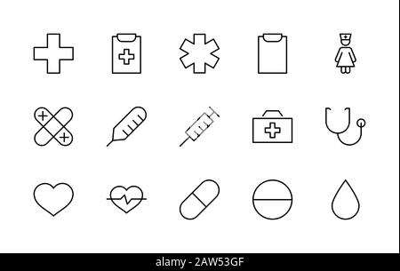 Ensemble d'icônes de lignes vectorielles de médecine. Il contient la trousse de premiers soins, l'infirmière, la seringue, le thermomètre, le plastique, les pilules, le coeur, la goutte de sang, la palpitation et Illustration de Vecteur