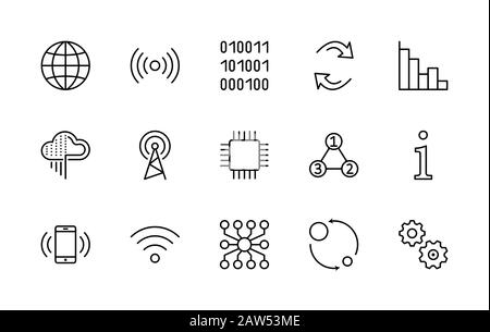 Ensemble D'Icônes De Ligne Vectorielle Technologique Associée À L'Analyse De Données. Contient des icônes telles que les graphiques, le Wi-fi, les graphiques, l'analyse du trafic, le Big Data et bien plus encore. Modifiable Illustration de Vecteur