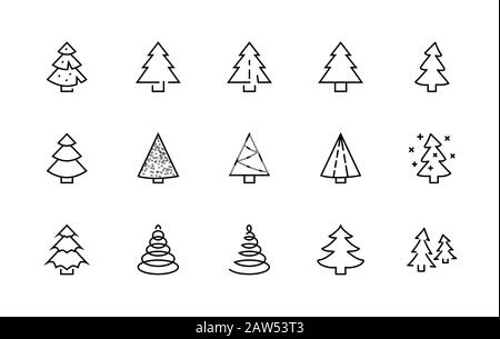 Ensemble d'icônes de sapin de Noël à fines lignes. Icônes linéaires stylisées de neige artificielle, d'épinette, de sapin présent. Contour Modifiable. 32 x 32 Pixels Illustration de Vecteur