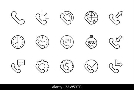 Ensemble d'icônes de ligne vectorielle du téléphone. Il contient les symboles des appels entrants, sortants, manqués, des appels globaux et de l'assistance en ligne 24 heures sur 24 et bien plus encore Illustration de Vecteur