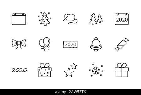 Bonne Souris Du Nouvel An. Définir l'icône de ligne vectorielle. Contient Des Icônes Telles Que Souris, Arbre De Noël, Calendrier 2020, Bow, Ballons, Bell, Candy, Boîte Cadeau, Étoiles Illustration de Vecteur