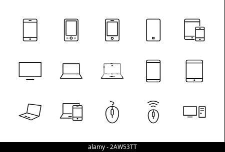 Ensemble de dispositifs et gadgets intelligents, d'équipements informatiques et d'électronique. Icônes de périphériques électroniques pour l'icône de ligne vectorielle Web et mobile. Contour Modifiable Illustration de Vecteur