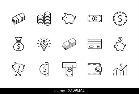 Ensemble D'Icônes De Ligne Vectorielle Liées À L'Argent. Contient des icônes telles que Money Bag, Piggy Bank sous la forme d'un Pig, Wallet, ATM, Bundle of Money, Main avec un Illustration de Vecteur