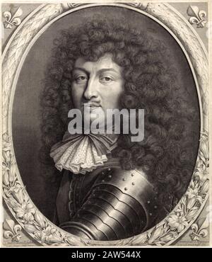 1672 , PARIS , FRANCE : le roi LOUIS XIV DE FRANCE LE Roi SOLEIL ( 1638 – 1715 ) de la Maison de Bourbon . Portrait gravé par Pieter Van Schuppen Banque D'Images