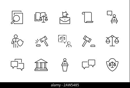 Ensemble de lois et de justice - icônes de lignes vectorielles. Contient des icônes telles que l'arme, l'arrestation, l'autorité, le palais de justice, le gavel, le droit, l'arme et plus encore. Contour modifiable Illustration de Vecteur